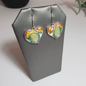 Colorful Enamel Heart Dangle Earrings - Silver Tone